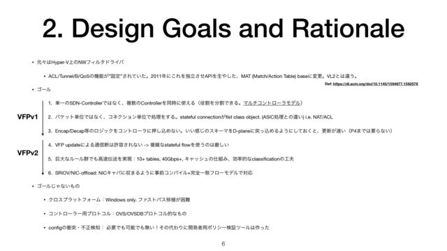2. Design Goals and Rationale
• ݩʑ͸Hyper-V্ͷNWϑΟϧλυϥΠό

• ACL/Tunnel/B/QoSͷػೳ͕”ݻఆ”͞Ε͍ͯͨɻ2011೥ʹ͜ΕΛಠཱͤ͞APIΛੜ΍ͨ͠ɺMAT (Match/Action Table) baseʹมߋɻVL2ͱ͸ҧ͏ɻ

• ΰʔϧ

1. ୯ҰͷSDN-ControllerͰ͸ͳ͘ɺෳ਺ͷControllerΛಉ࣌ʹ࢖͑Δʢ໾ׂΛ෼ׂͰ͖ΔɻϚϧνίϯτϩʔϥϞσϧʣ

2. ύέοτ୯ҐͰ͸ͳ͘ɺίωΫγϣϯ୯ҐͰॲཧΛ͢Δɻstateful connection͕
fi
st class object. (ASICॲཧͱͷҧ͍) i.e. NAT/ACL

3. Encap/Decap౳ͷϩδοΫΛίϯτϩʔϥʹԡ͠ࠐΊͳ͍ɻ͍͍ײ͡ͷεΩʔϚΛD-planeʹಥͬࠐΊΔΑ͏ʹ͓ͯ͘͠ͱɺߋ৽͕଎͍ʢP4·Ͱ͸ཁΒͳ͍ʣ

4. VFP updateʹΑΔ௨৴அ͸ڐ༰͞Εͳ͍ -> ෳࡶͳstateful
fl
owΛ࢖͏ͷ͸ݫ͍͠

5. ڊେͳϧʔϧ܈Ͱ΋ߴ଎఻ૹΛ࣮ݱɿ10+ tables, 40Gbps+, Ωϟογϡͷ࢓૊Έɺޮ཰తͳclassi
fi
cationͷ޻෉

6. SRIOV/NIC-o
ffl
oad: NICΩϟύʹऩ·ΔΑ͏ʹࣄલίϯύΠϧ+׬શҰகϑϩʔϞσϧͰରԠ

• ΰʔϧ͡Όͳ͍΋ͷ

• ΫϩεϓϥοτϑΥʔϜɿWindows only. ϑΝετύεҠ২͕ࠔ೉

• ίϯτϩʔϥʔ༻ϓϩτίϧɿOVS/OVSDBϓϩτίϧతͳ΋ͷ

• con
fi
gͷিಥɾෆਖ਼ݕ஌ɿ ඞཁͰ΋ՄೳͰ΋ແ͍ʂͦͷ୅ΘΓʹ։ൃऀ༻ϙϦγʔݕূπʔϧ͸࡞ͬͨ
6
Ref: https://dl.acm.org/doi/10.1145/1594977.1592576
VFPv1
VFPv2
