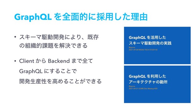 GraphQL Λશ໘తʹ࠾༻ͨ͠ཧ༝
• εΩʔϚۦಈ։ൃʹΑΓɺطଘ
ͷ૊৫త՝୊ΛղܾͰ͖Δ
• Client ͔Β Backend ·Ͱશͯ
GraphQL ʹ͢Δ͜ͱͰ 
։ൃੜ࢈ੑΛߴΊΔ͜ͱ͕Ͱ͖Δ
