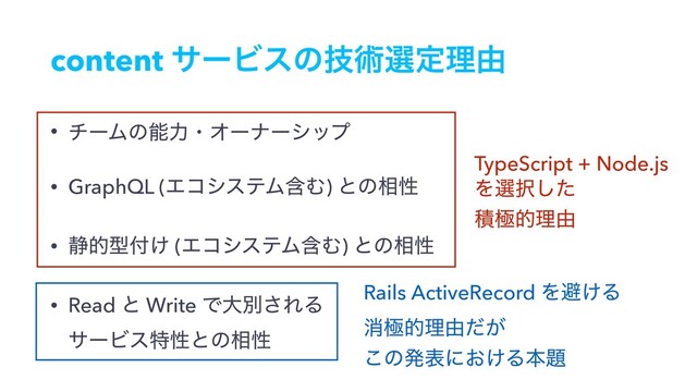 content αʔϏεͷٕज़બఆཧ༝
• νʔϜͷೳྗɾΦʔφʔγοϓ
• GraphQL (ΤίγεςϜؚΉ) ͱͷ૬ੑ
• ੩తܕ෇͚ (ΤίγεςϜؚΉ) ͱͷ૬ੑ
• Read ͱ Write Ͱେผ͞ΕΔ 
αʔϏεಛੑͱͷ૬ੑ
TypeScript + Node.js
Λબ୒ͨ͠
ੵۃతཧ༝
Rails ActiveRecord Λආ͚Δ
ফۃతཧ༝͕ͩ
͜ͷൃදʹ͓͚Δຊ୊
