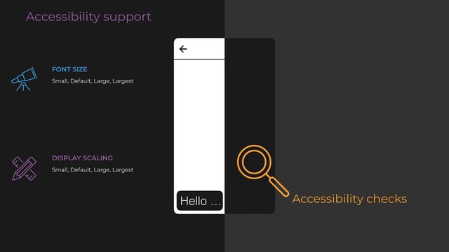 Accessibility support
Accessibility checks
Hello …
FONT SIZE
Small, Default, Large, Largest
DISPLAY SCALING
Small, Default, Large, Largest
