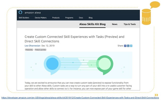33
https://developer.amazon.com/en-US/blogs/alexa/alexa-skills-kit/2019/12/Create-Custom-Connected-Skill-Experiences-with-Tasks-and-Direct-Skill-Connections
