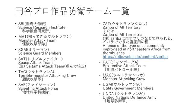 円⾕プロ作品防衛チーム⼀覧
• SRI(怪奇⼤作戦)
Science Research Institute
「科学捜査研究所」
• MAT(帰ってきたウルトラマン)
Monster Attack Team
「怪獣攻撃部隊」
• SGM(ミラーマン)
Science Guard Members
• SAT(トリプルファイター)
Space Attack Team
(注) Saitama Attack Team(翔んで埼⽟)
• TAC(ウルトラマンA)
Terrible-monster Attacking Crew
「超獣攻撃隊」
• SAF(ファイヤーマン)
Scientific Attack Force
「地球科学特捜隊」
• ZAT(ウルトラマンタロウ)
Zariba of All Territory
または
Zariba of All Terrestrial
(注) zaribaは東アフリカなどで⾒られる、
イバラでできた畜産⽤の柵
A fence of the type once commonly
improvised in northeastern Africa from
thornbushes.
https://ejje.weblio.jp/content/zeriba
• PAT(ジャンボーグA)
Pro-tective Attack Team
「地球パトロール隊」
• MAC(ウルトラマンレオ)
Monster Attacking Crew
• UGM(ウルトラマン80)
Utility Government Members
• UNDA (ウルトラマン80)
United Nations Deffence Army
「地球防衛軍」
