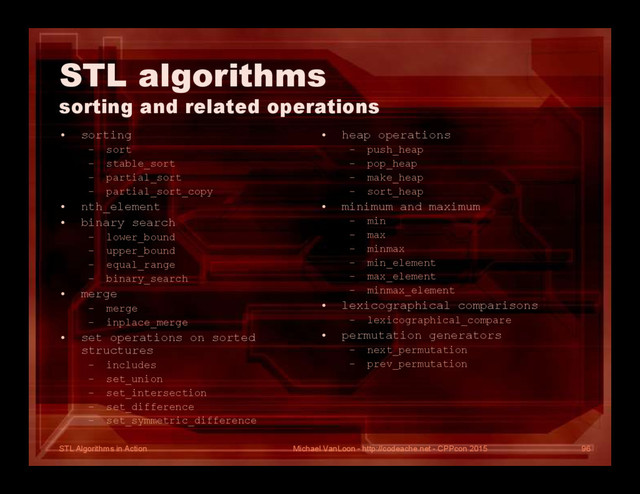 STL Algorithms in Action
STL algorithms
sorting and related operations
• sorting
– sort
– stable_sort
– partial_sort
– partial_sort_copy
• nth_element
• binary search
– lower_bound
– upper_bound
– equal_range
– binary_search
• merge
– merge
– inplace_merge
• set operations on sorted
structures
– includes
– set_union
– set_intersection
– set_difference
– set_symmetric_difference
• heap operations
– push_heap
– pop_heap
– make_heap
– sort_heap
• minimum and maximum
– min
– max
– minmax
– min_element
– max_element
– minmax_element
• lexicographical comparisons
– lexicographical_compare
• permutation generators
– next_permutation
– prev_permutation
Michael VanLoon - http://codeache.net - CPPcon 2015 96
