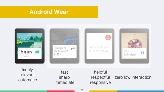 20
Android Wear
timely,
relevant,
automatic
fast
sharp
immediate
helpful
respectful
responsive
zero low interaction
