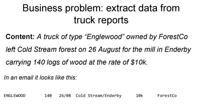 Business problem: extract data from
truck reports
Content: A truck of type “Englewood” owned by ForestCo
left Cold Stream forest on 26 August for the mill in Enderby
carrying 140 logs of wood at the rate of $10k.
In an email it looks like this:
ENGLEWOOD 140 26/08 Cold Stream/Enderby 10k ForestCo
