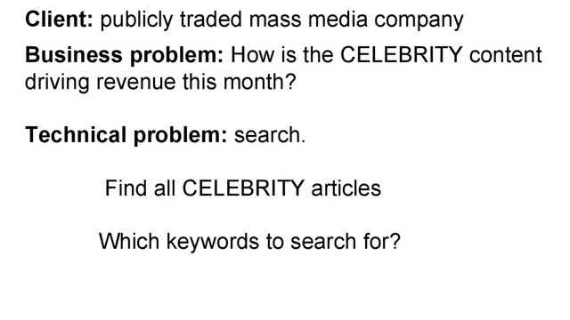 Client: publicly traded mass media company
Business problem: How is the CELEBRITY content
driving revenue this month?
Technical problem: search.
Find all CELEBRITY articles
Which keywords to search for?
