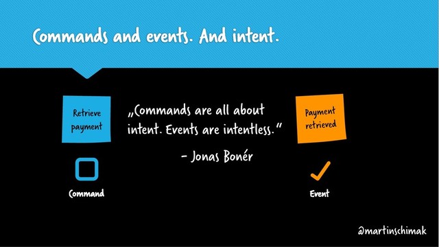 Commands and events. And intent.
„Commands are all about
intent.
- Jonas Bonér
@martinschimak
Events are intentless.“
Command
Retrieve
payment
Payment
retrieved
Event

