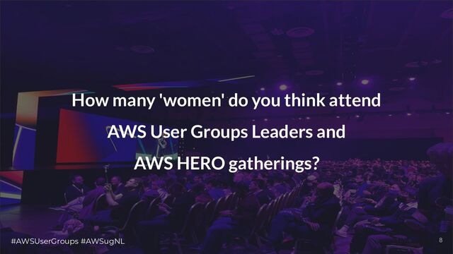 #AWSUserGroups #AWSugNL 8
How many 'women' do you think attend
AWS User Groups Leaders and
AWS HERO gatherings?
