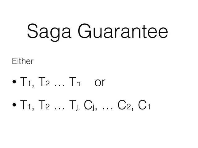 Saga Guarantee
Either
• T1, T2 … Tn or
• T1, T2 … Tj, Cj, … C2, C1
