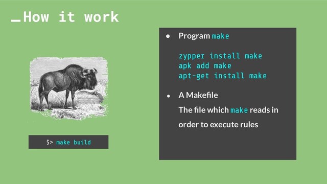 ● Program make
zypper install make
apk add make
apt-get install make
● A Makeﬁle
The ﬁle which make reads in
order to execute rules
How it work
$> make build
