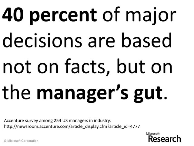 © Microsoft Corporation
40 percent of major
decisions are based
not on facts, but on
the manager’s gut.
Accenture survey among 254 US managers in industry.
http://newsroom.accenture.com/article_display.cfm?article_id=4777
