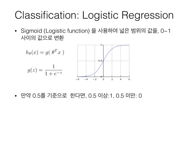 Classiﬁcation: Logistic Regression
• Sigmoid (Logistic function) ਸ ࢎਊೞৈ և਷ ߧਤ੄ чਸ, 0~1
ࢎ੉੄ чਵ۽ ߸ജ
• ݅ড 0.5ܳ ӝળਵ۽ ೠ׮ݶ, 0.5 ੉࢚:1, 0.5 ޷݅: 0
