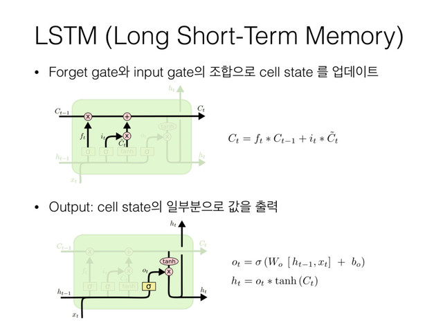 LSTM (Long Short-Term Memory)
• Forget gate৬ input gate੄ ઑ೤ਵ۽ cell state ܳ সؘ੉౟
• Output: cell state੄ ੌࠗ࠙ਵ۽ чਸ ୹۱

