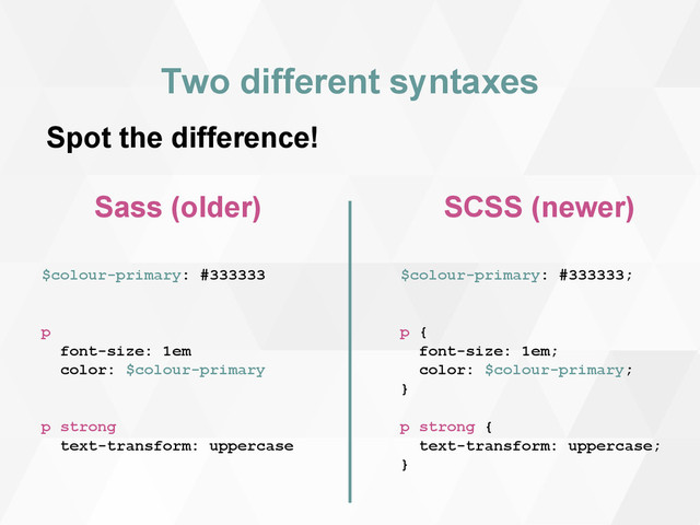Two different syntaxes
Sass (older)
$colour-primary: #333333
p
font-size: 1em
color: $colour-primary
p strong
text-transform: uppercase
SCSS (newer)
$colour-primary: #333333;
p {
font-size: 1em;
color: $colour-primary;
}
p strong {
text-transform: uppercase;
}
Spot the difference!
