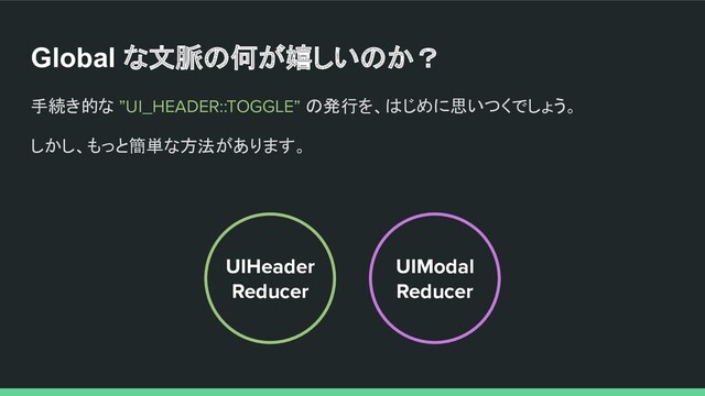 Global な文脈の何が嬉しいのか？
手続き的な ”UI_HEADER::TOGGLE” の発行を、はじめに思いつくでしょう。
しかし、もっと簡単な方法があります。
UIModal
Reducer
UIHeader
Reducer
