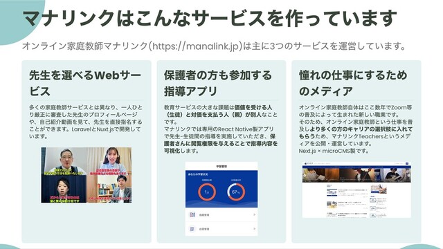 マナリンクはこんなサービスを作っています
オンライン家庭教師マナリンク(https://manalink.jp)
は主に3
つのサービスを運営しています。
先生を選べる
Web
サー
ビス
多くの家庭教師サービスとは異なり、一人ひと
り厳正に審査した先生のプロフィールページ
や、自己紹介動画を見て、先生を直接指名する
ことができます。Laravel
とNuxt.js
で開発して
います。
保護者の方も参加する
指導アプリ
教育サービスの大きな課題は価値を受ける人
（生徒）と対価を支払う人（親）が別人なこと
です。

マナリンクでは専用のReact Native
製アプリ
で先生-
生徒間の指導を実施していただき、保
護者さんに閲覧権限を与えることで指導内容を
可視化します。
憧れの仕事にするため
のメディア
オンライン家庭教師自体はここ数年でZoom
等
の普及によって生まれた新しい職業です。

そのため、オンライン家庭教師という仕事を普
及しより多くの方のキャリアの選択肢に入れて
もらうため、マナリンクTeachers
というメデ
ィアを公開・運営しています。

Next.js × microCMS
製です。
