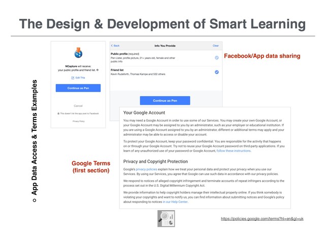 The Design & Development of Smart Learning
The Design & Development of Smart Learning
https://policies.google.com/terms?hl=en&gl=uk
App Data Access & Terms Examples
Facebook/App data sharing
Google Terms
(ﬁrst section)
