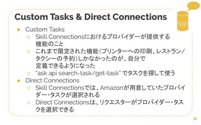 31
Custom Tasks & Direct Connections
● Custom Tasks
○ Skill Connectionsにおけるプロバイダーが提供する
機能のこと
○ これまで限定された機能（プリンターへの印刷、レストラン/
タクシーの予約）しかなかったのが、自分で
定義できるようになった
○ “ask api search-task/get-task” でタスクを探して使う
● Direct Connections
○ Skill Connectionsでは、Amazonが用意していたプロバイ
ダー・タスクが選択される
○ Direct Connectionsは、リクエスターがプロバイダー・タス
クを選択できる
