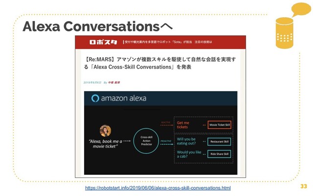 33
Alexa Conversationsへ
https://robotstart.info/2019/06/06/alexa-cross-skill-conversations.html
