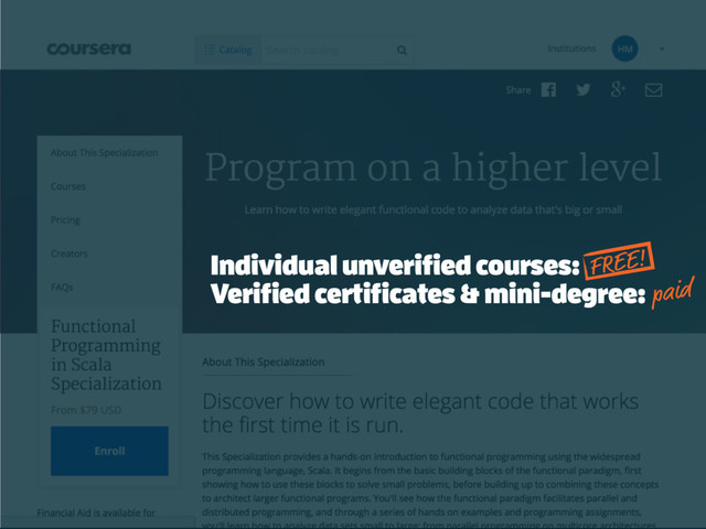 Individual unverified courses:
Verified certificates & mini-degree:
FREE!
paid
