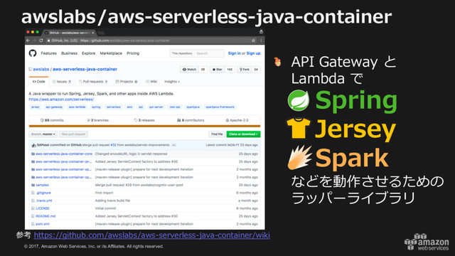 © 2017, Amazon Web Services, Inc. or its Affiliates. All rights reserved.
awslabs/aws-serverless-java-container
参考 https://github.com/awslabs/aws-serverless-java-container/wiki
API Gateway と
Lambda で
Spring
Jersey
Spark
などを動作させるための
ラッパーライブラリ
