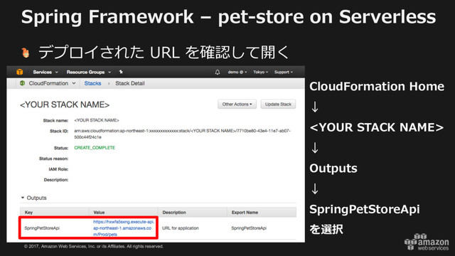 © 2017, Amazon Web Services, Inc. or its Affiliates. All rights reserved.
Spring Framework – pet-store on Serverless
デプロイされた URL を確認して開く
CloudFormation Home
↓

↓
Outputs
↓
SpringPetStoreApi
を選択

