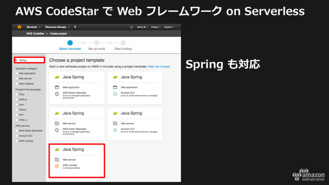 © 2017, Amazon Web Services, Inc. or its Affiliates. All rights reserved.
Spring も対応
AWS CodeStar で Web フレームワーク on Serverless
