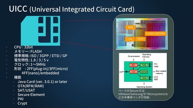 FLASH / EEPROM
ROM
RAM
CPU
• CPU : 32bit
• メモリー: FLASH
• 標準規格: ISO / 3GPP / ETSI / GP
• 電気特性: 1.8 / 3 / 5 v
• クロック: 1～5MHz
• 形状 : 2FF(plug-in)/3FF(micro)
• 4FF(nano)/embedded
• 機能
• Java Card (ver. 3.0.1) or later
• OTA(RFM/RAM)
• SAT/USAT
• Secure Element
• PKI
• Crypt
ベースのSecure ICは
Infineon/Samsung/ST Microsystemsな
どの半導体ベンダが供給
UICC (Universal Integrated Circuit Card)
