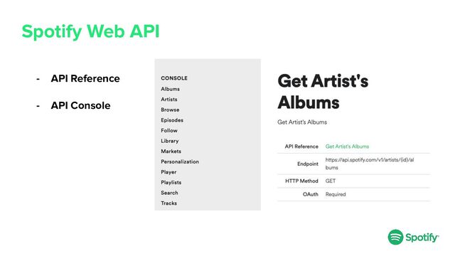 Spotify Web API
- API Reference
- API Console
