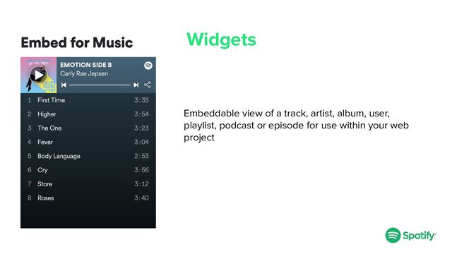 Widgets
Embeddable view of a track, artist, album, user,
playlist, podcast or episode for use within your web
project
