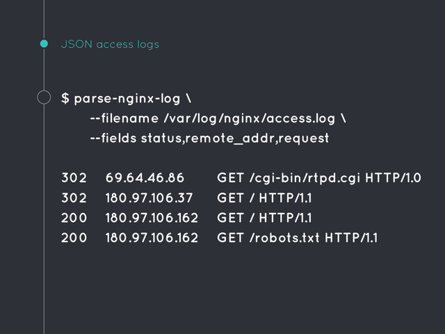 JSON access logs
$ parse-nginx-log \
--filename /var/log/nginx/access.log \
--fields status,remote_addr,request
302 69.64.46.86 GET /cgi-bin/rtpd.cgi HTTP/1.0
302 180.97.106.37 GET / HTTP/1.1
200 180.97.106.162 GET / HTTP/1.1
200 180.97.106.162 GET /robots.txt HTTP/1.1
