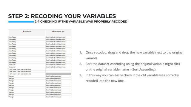 2.4 CHECKING IF THE VARIABLE WAS PROPERLY RECODED
Photo: Startup Weekend Hackathon. Nov.2014
STEP 2: RECODING YOUR VARIABLES
1. Once recoded, drag and drop the new variable next to the original
variable.
2. Sort the dataset Ascending using the original variable (right click
on the original variable name > Sort Ascending).
3. In this way you can easily check if the old variable was correctly
recoded into the new one.
