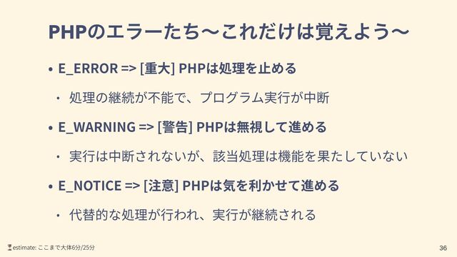 PHPͷΤϥʔͨͪʙ͜Ε͚ͩ͸֮͑Α͏ʙ
E_ERROR => [ ] PHP
E_WARNING => [ ] PHP
E_NOTICE => [ ] PHP

⏳estimate: 6 /25
