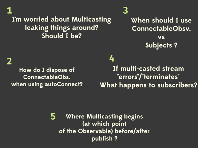 I'm worried about Multicasting
leaking things around?
Should I be?
If multi-casted stream
"errors"/"terminates"
What happens to subscribers?
How do I dispose of
ConnectableObs.
when using autoConnect?
Where Multicasting begins
(at which point
of the Observable) before/after
publish ?
When should I use
ConnectableObsv.
vs
Subjects ?
1
2
3
4
5
