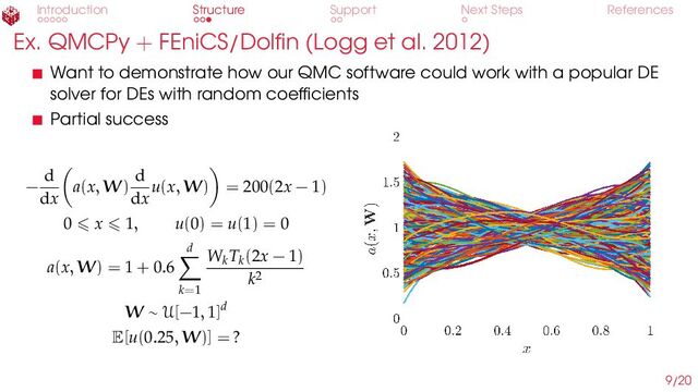 Introduction Structure Support Next Steps References
Ex. QMCPy + FEniCS/Dolfin (Logg et al. 2012)
Want to demonstrate how our QMC software could work with a popular DE
solver for DEs with random coefficients
Partial success
−
d
dx
a(x, W)
d
dx
u(x, W) = 200(2x − 1)
0 ⩽ x ⩽ 1, u(0) = u(1) = 0
a(x, W) = 1 + 0.6
d
k=1
Wk
Tk(2x − 1)
k2
W ∼ U[−1, 1]d
E[u(0.25, W)] = ?
9/20

