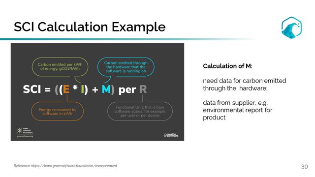SCI Calculation Example
30
Reference: https://learn.greensoftware.foundation/measurement
Calculation of M:
need data for carbon emitted
through the hardware;
data from supplier, e.g.
environmental report for
product
