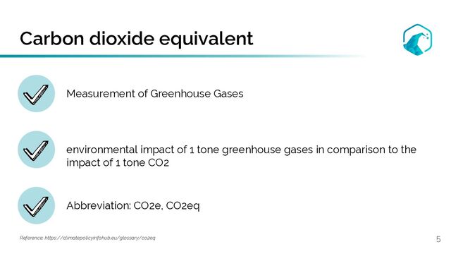 Carbon dioxide equivalent
5
Measurement of Greenhouse Gases
environmental impact of 1 tone greenhouse gases in comparison to the
impact of 1 tone CO2
Abbreviation: CO2e, CO2eq
Reference: https://climatepolicyinfohub.eu/glossary/co2eq
