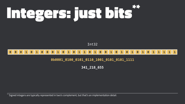 Integers: just bits**
** Signed integers are typically represented in two’s complement, but that’s an implementation detail.
