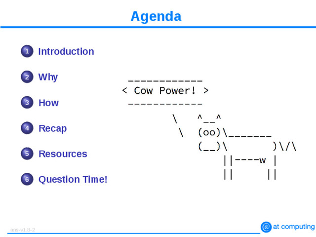 Agenda
1 Introduction
2 Why
3 How
4 Recap
5 Resources
6 Question Time!
ans-v1.8-2
