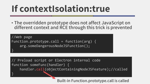 If contextIsolation:true
• The overridden prototype does not affect JavaScript on
different context and RCE through this trick is prevented
//Web page
Function.prototype.call = function(arg) {
arg.someDangerousNodeJSFunction();
}
// Preload script or Electron internal code
function someFunc(handler) {
handler.call(objectContainingNodeJSFeature);//called
}
Built-in Function.prototype.call is called
