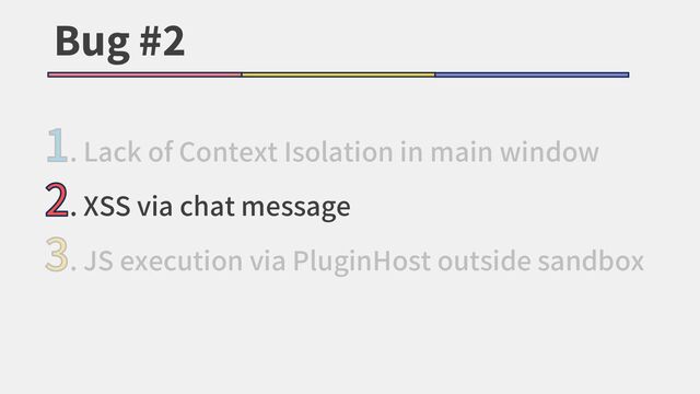 Bug #2
1. Lack of Context Isolation in main window
2. XSS via chat message
3. JS execution via PluginHost outside sandbox
