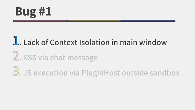 Bug #1
1. Lack of Context Isolation in main window
2. XSS via chat message
3. JS execution via PluginHost outside sandbox
