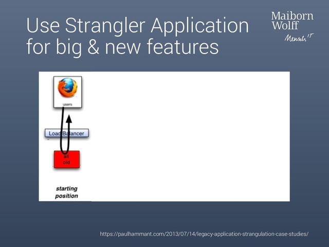 Use Strangler Application
for big & new features
https://paulhammant.com/2013/07/14/legacy-application-strangulation-case-studies/
