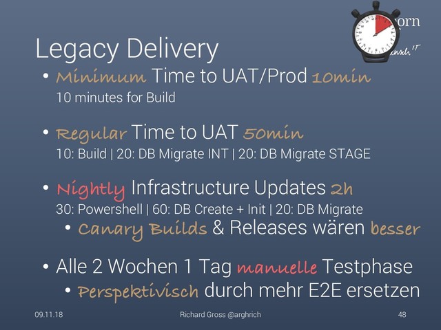 Legacy Delivery
09.11.18 Richard Gross @arghrich 48
• Minimum Time to UAT/Prod 10min
10 minutes for Build
• Regular Time to UAT 50min
10: Build | 20: DB Migrate INT | 20: DB Migrate STAGE
• Nightly Infrastructure Updates 2h
30: Powershell | 60: DB Create + Init | 20: DB Migrate
• Canary Builds & Releases wären besser
• Alle 2 Wochen 1 Tag manuelle Testphase
• Perspektivisch durch mehr E2E ersetzen
