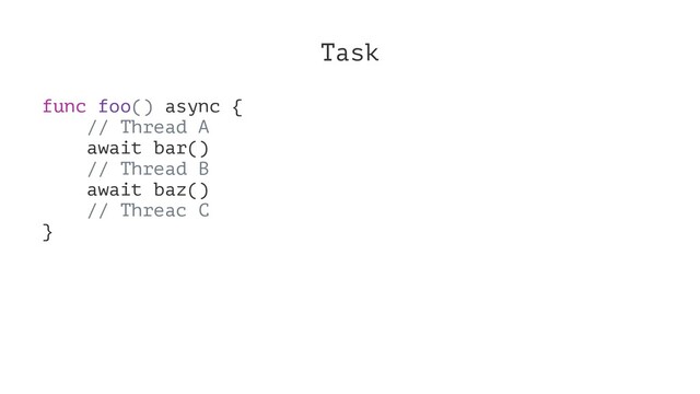 Task
func foo() async {
// Thread A
await bar()
// Thread B
await baz()
// Threac C
}
