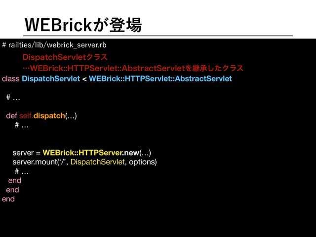 8SJDL͕ొ৔
SBJMUJFTMJCXFCSJDL@TFSWFSSC
class DispatchServlet < WEBrick::HTTPServlet::AbstractServlet
# …

def self.dispatch(…)

# …

server = WEBrick::HTTPServer.new(…)

server.mount(‘/’, DispatchServlet, options)

# …

end

end

end

ɹ

ɹ

ɹ

%JTQBUDI4FSWMFUΫϥε
ʜ8SJDL)5514FSWMFU"CTUSBDU4FSWMFUΛܧঝͨ͠Ϋϥε
