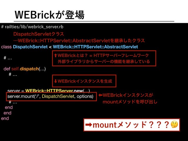 8SJDL͕ొ৔
SBJMUJFTMJCXFCSJDL@TFSWFSSC
class DispatchServlet < WEBrick::HTTPServlet::AbstractServlet
# …

def self.dispatch(…)

# …

server = WEBrick::HTTPServer.new(…)

server.mount(‘/’, DispatchServlet, options)

# …

end

end

end

ɹ

ɹ

ɹ

‐8SJDLͱ͸ʁ)551αʔόʔϑϨʔϜϫʔΫ
ɹ֎෦ϥΠϒϥϦ͔ΒαʔόʔͷػೳΛܧঝ͍ͯ͠Δ
‑8SJDLΠϯελϯεΛੜ੒
‏8SJDLΠϯελϯε͕
ɹNPVOUϝιουΛݺͼग़͠
%JTQBUDI4FSWMFUΫϥε
ʜ8SJDL)5514FSWMFU"CTUSBDU4FSWMFUΛܧঝͨ͠Ϋϥε
‎NPVOUϝιουʁʁʁ
