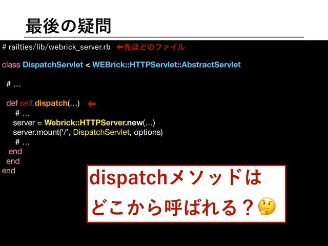 ࠷ޙͷٙ໰
SBJMUJFTMJCXFCSJDL@TFSWFSSC
class DispatchServlet < WEBrick::HTTPServlet::AbstractServlet
# …

def self.dispatch(…)

# …

server = Webrick::HTTPServer.new(…)

server.mount(‘/’, DispatchServlet, options)

# …

end

end

end

ɹ

ɹ

ɹ

ɹ

ɹ

ɹ

ɹ

‏ઌ΄ͲͷϑΝΠϧ
EJTQBUDIϝιου͸
Ͳ͔͜Βݺ͹ΕΔʁ
‏
