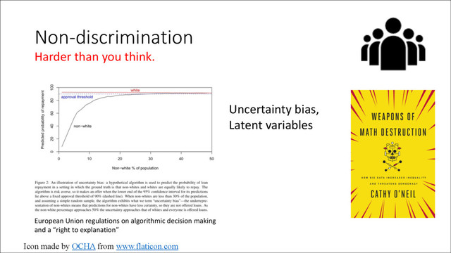 Non-discrimination
Icon made by OCHA from www.flaticon.com
Harder than you think.
Uncertainty bias,
Latent variables
European Union regulations on algorithmic decision making
and a “right to explanation”
