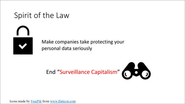 Spirit of the Law
Make companies take protecting your
personal data seriously
End “Surveillance Capitalism”
Icons made by FreePik from www.flaticon.com
